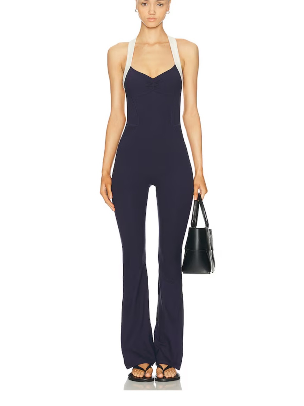 437 The Sculpt Onesie, navy and cream workout jumpsuit, M